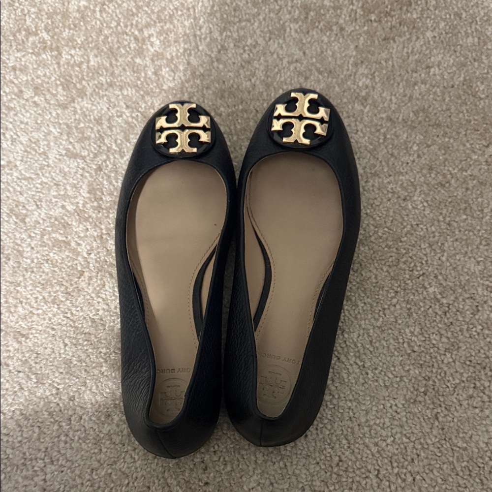 Tory Burch Black and Gold Logo Flats